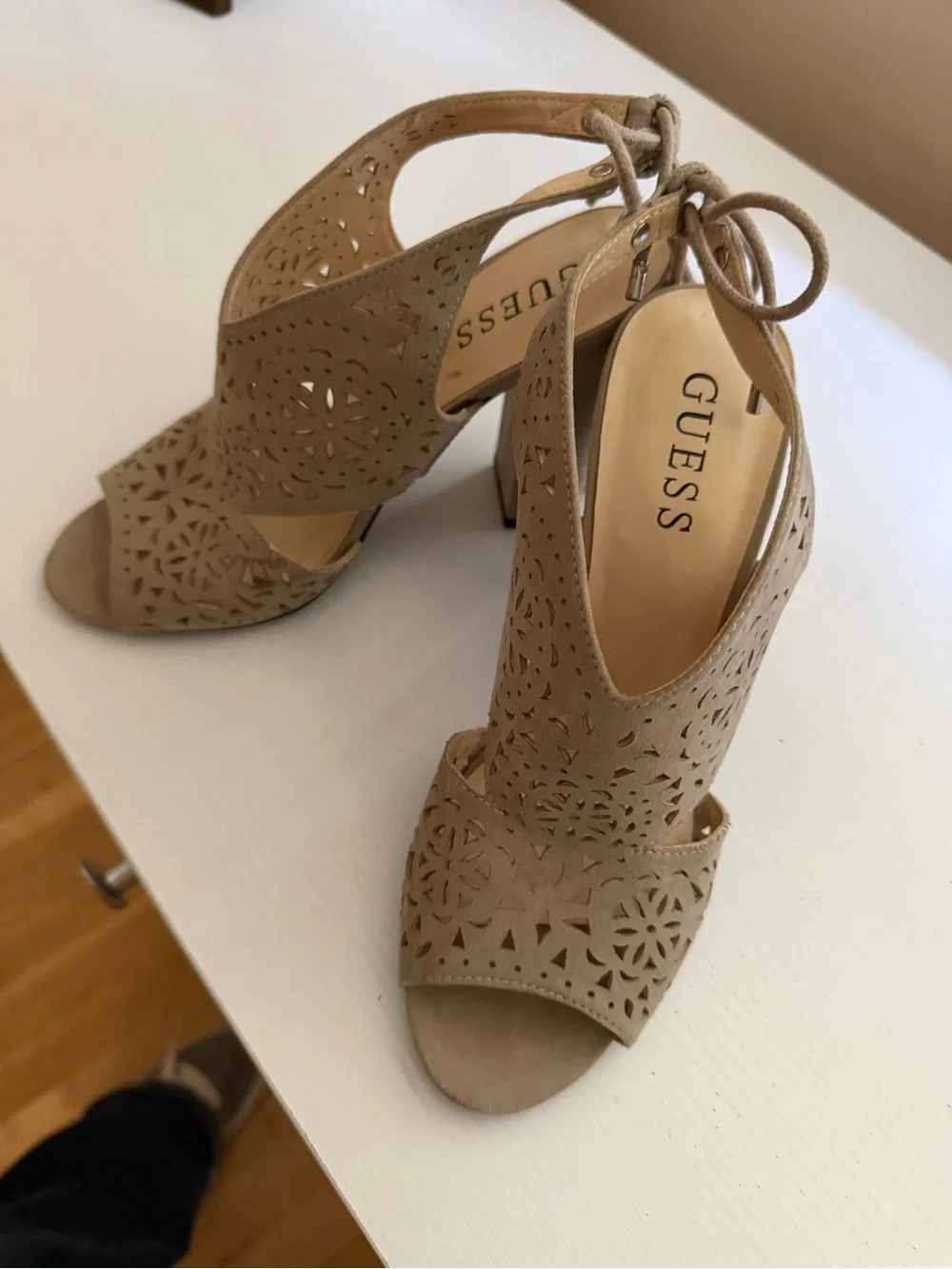 GUESS Taupe Laser-Cut Peep Toe Lace-Up Block Heels